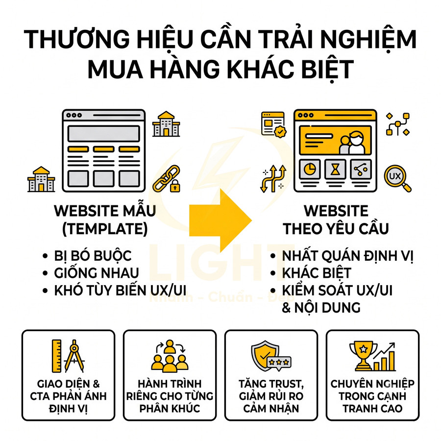 So sánh website mẫu và website thiết kế theo yêu cầu, nhấn mạnh lợi ích UX UI và trải nghiệm mua hàng khác biệt