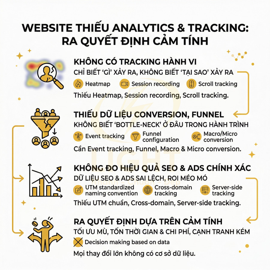 Infographic về hậu quả website thiếu analytics và tracking: không có tracking hành vi, thiếu dữ liệu conversion, đo lường SEO sai lệch