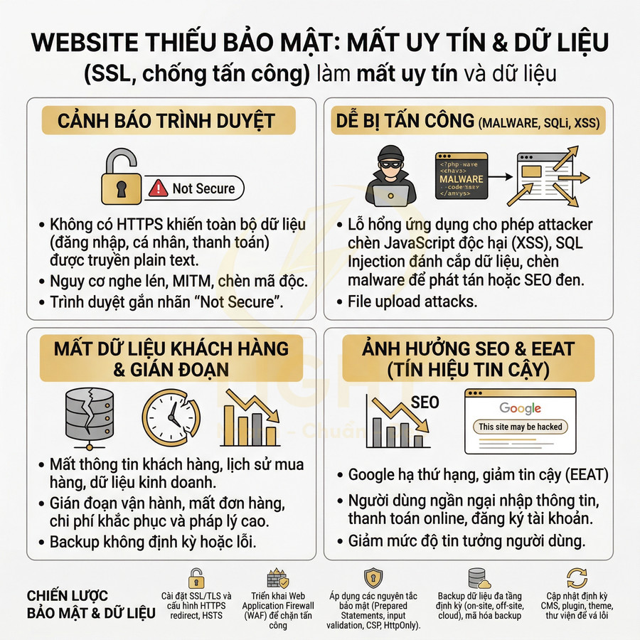 Infographic cảnh báo rủi ro bảo mật website thiếu SSL, dễ bị tấn công, mất dữ liệu khách hàng và giảm uy tín SEO