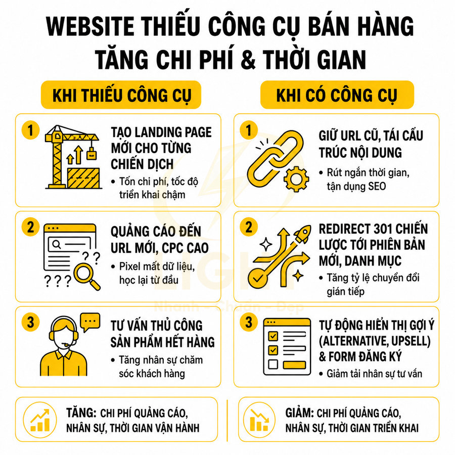Infographic so sánh website thiếu công cụ bán hàng và có công cụ, ảnh hưởng chi phí và thời gian vận hành