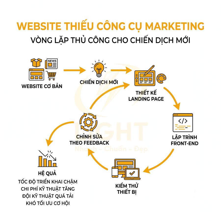 Sơ đồ vòng lặp thủ công triển khai chiến dịch marketing cho website thiếu công cụ hỗ trợ