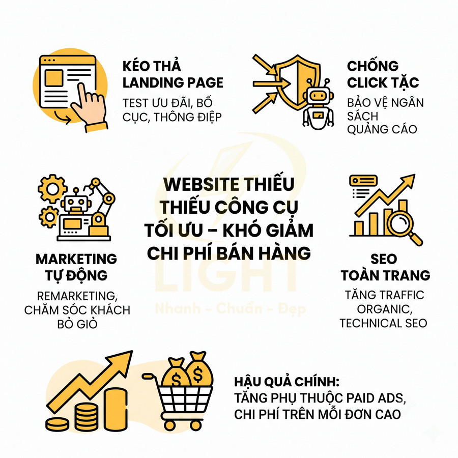Mô tả website thiếu công cụ tối ưu marketing, SEO, chống click tặc khiến chi phí bán hàng và phụ thuộc quảng cáo tăng