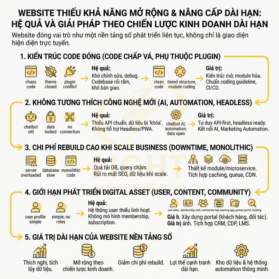 Infographic tiếng Việt về hạn chế website monolithic và giải pháp kiến trúc module, headless, microservice để mở rộng kinh doanh số