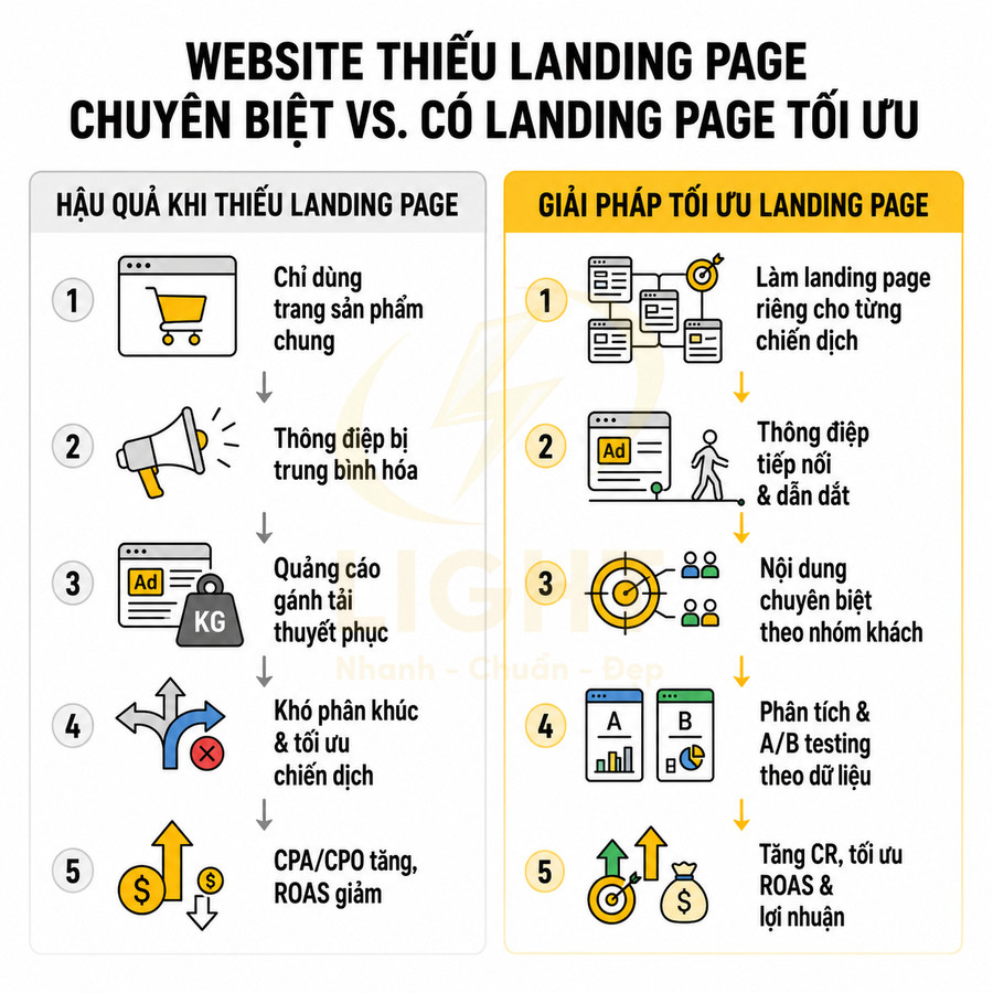So sánh hậu quả website thiếu landing page và giải pháp tối ưu landing page để tăng chuyển đổi, ROAS và lợi nhuận