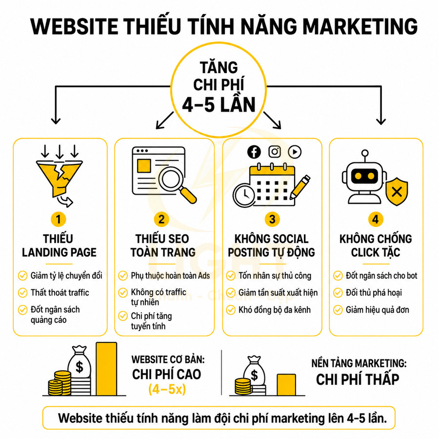 Infographic liệt kê 4 lý do website thiếu tính năng marketing làm tăng chi phí quảng cáo 4 5 lần