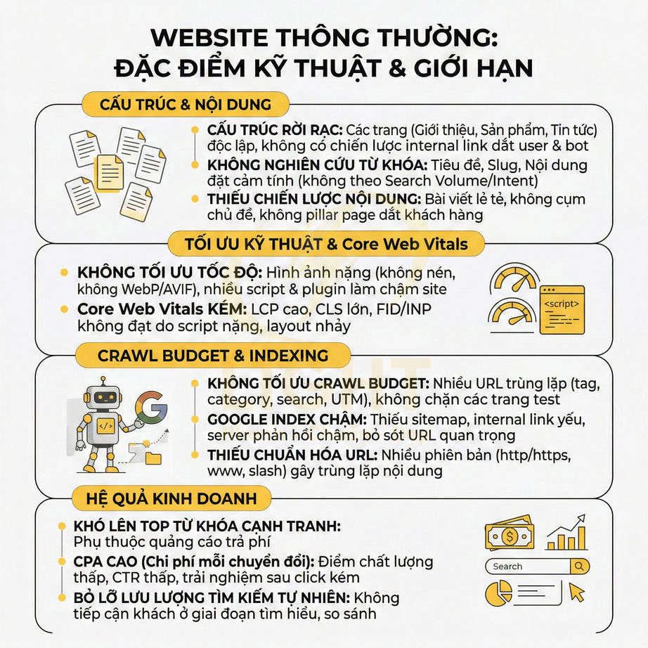 Mô tả infographic về đặc điểm kỹ thuật và giới hạn của website thông thường ảnh hưởng SEO và hiệu quả kinh doanh