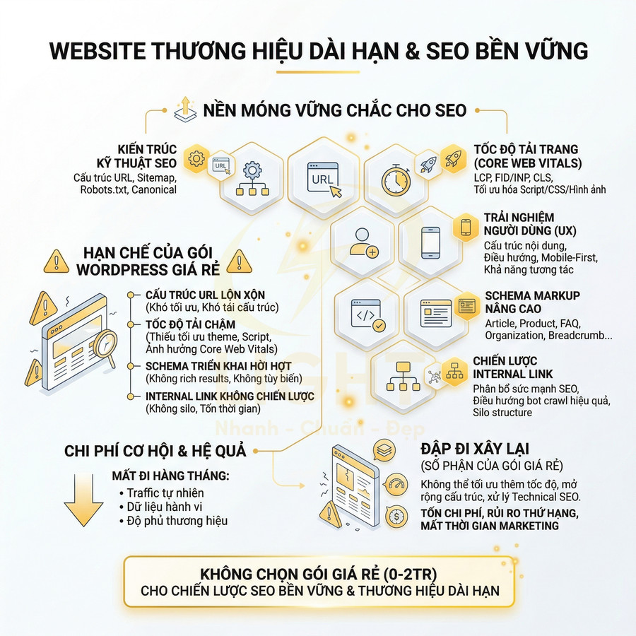Infographic tư vấn xây dựng website thương hiệu dài hạn và chiến lược SEO bền vững, cảnh báo hạn chế gói WordPress giá rẻ