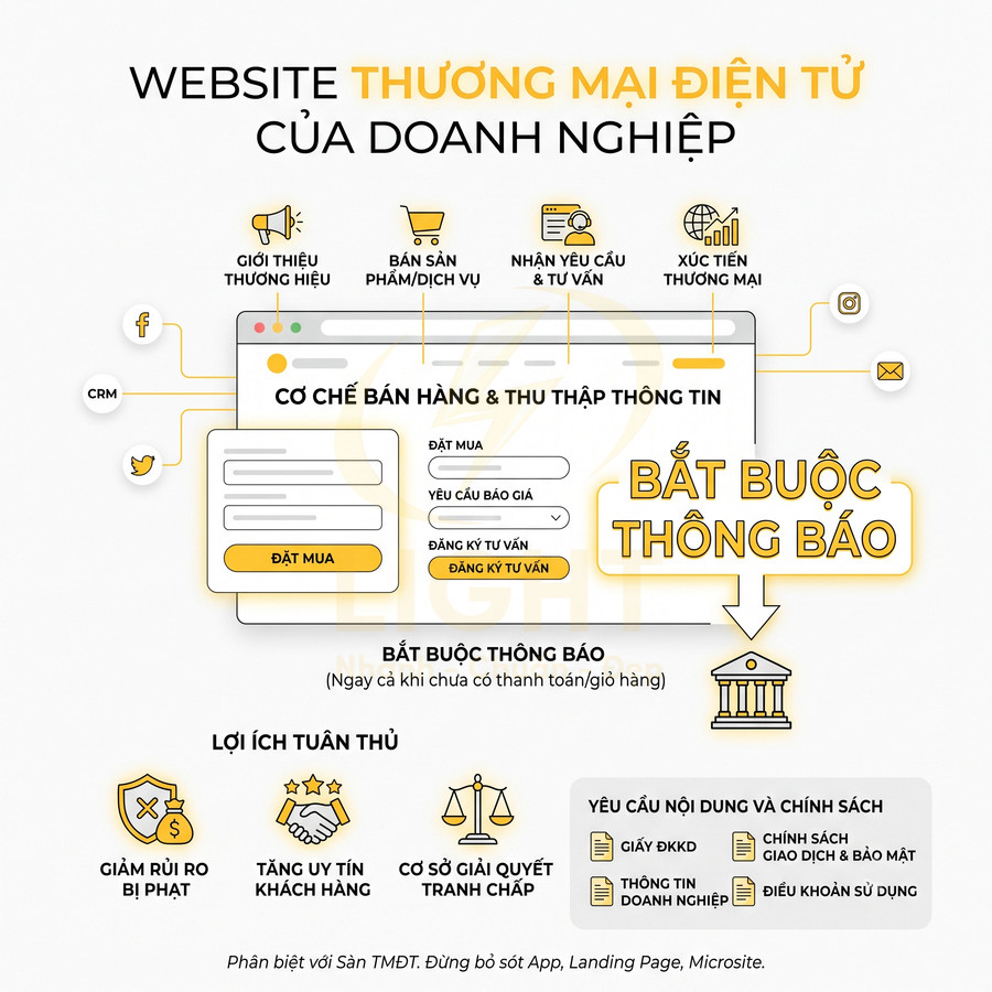 Infographic về website thương mại điện tử doanh nghiệp, cơ chế bán hàng, thu thập thông tin và yêu cầu thông báo bắt buộc