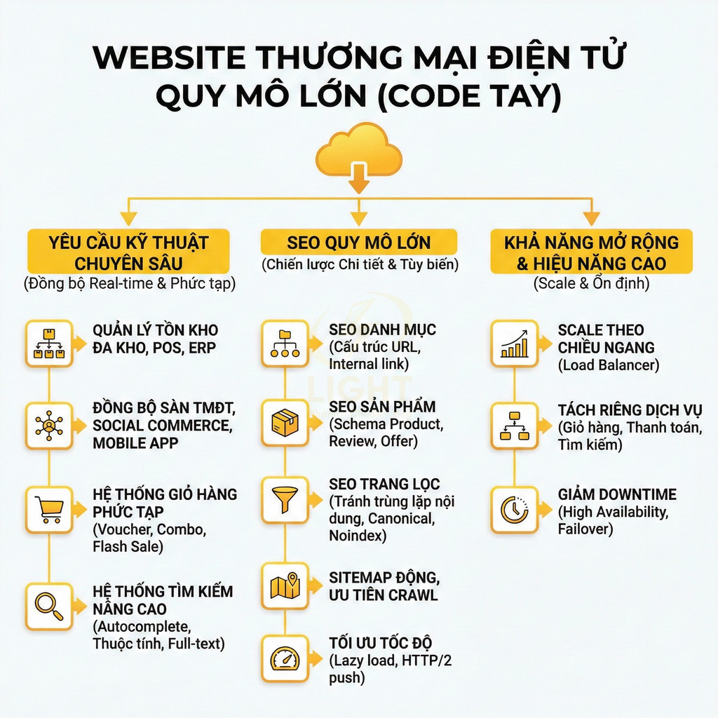 Sơ đồ các yêu cầu kỹ thuật, SEO và khả năng mở rộng cho website thương mại điện tử quy mô lớn