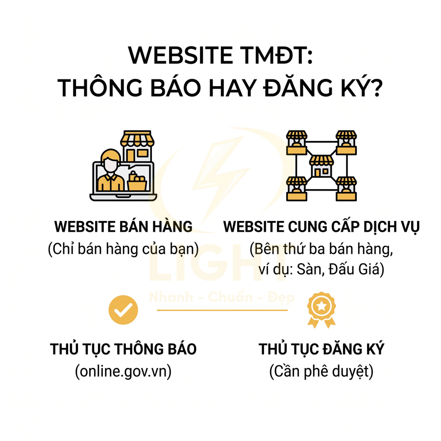 So sánh thủ tục thông báo và đăng ký cho website thương mại điện tử bán hàng và cung cấp dịch vụ