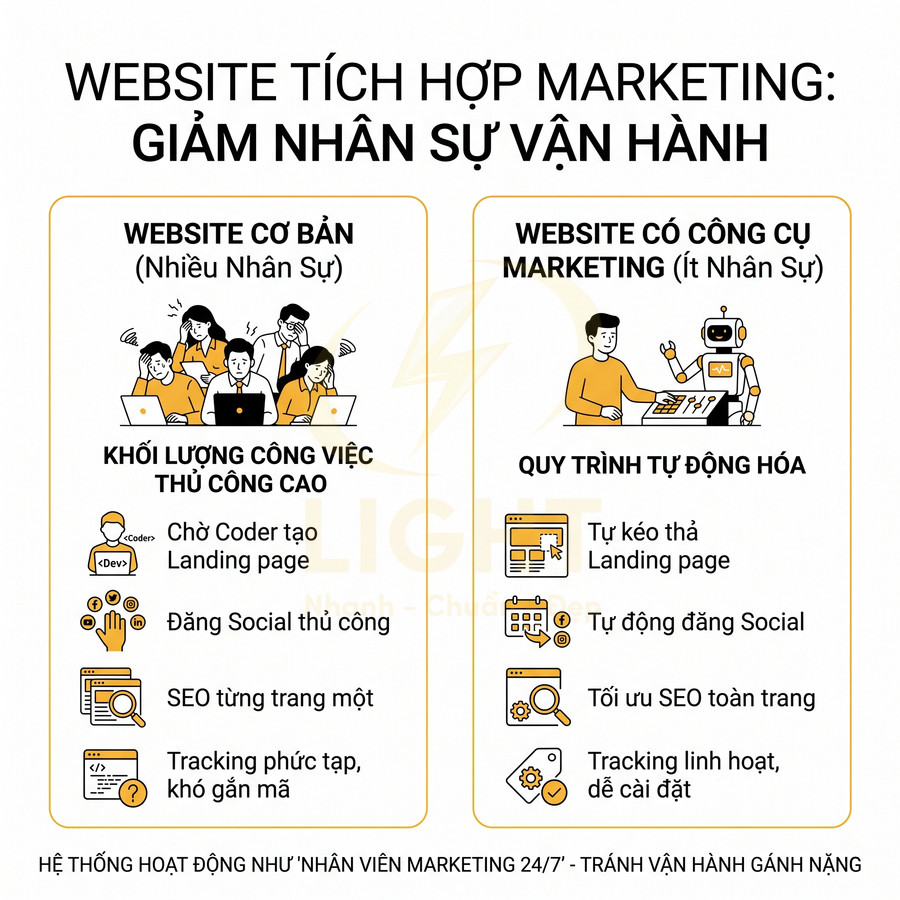 Website tích hợp công cụ marketing tự động hóa quy trình, giảm nhân sự vận hành so với website cơ bản