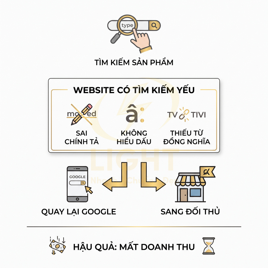 Minh họa website có tính năng tìm kiếm kém khiến khách rời sang Google hoặc đối thủ và làm mất doanh thu