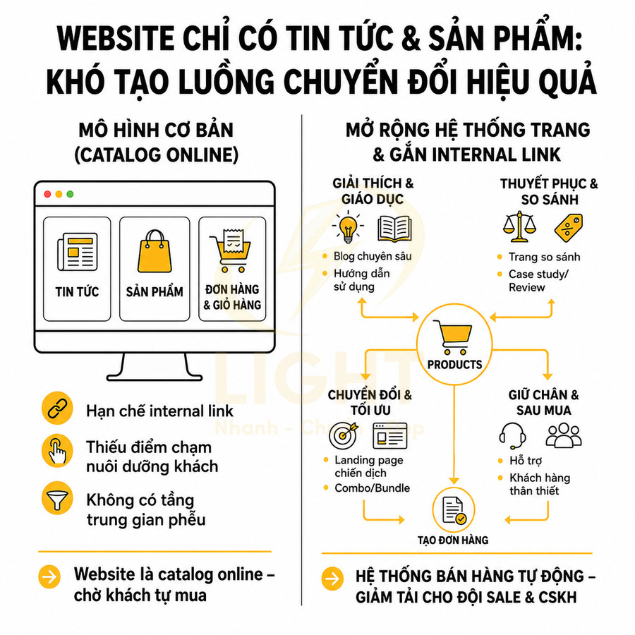 Infographic mô hình website bán hàng mở rộng trang nội dung và internal link để tăng chuyển đổi đơn hàng