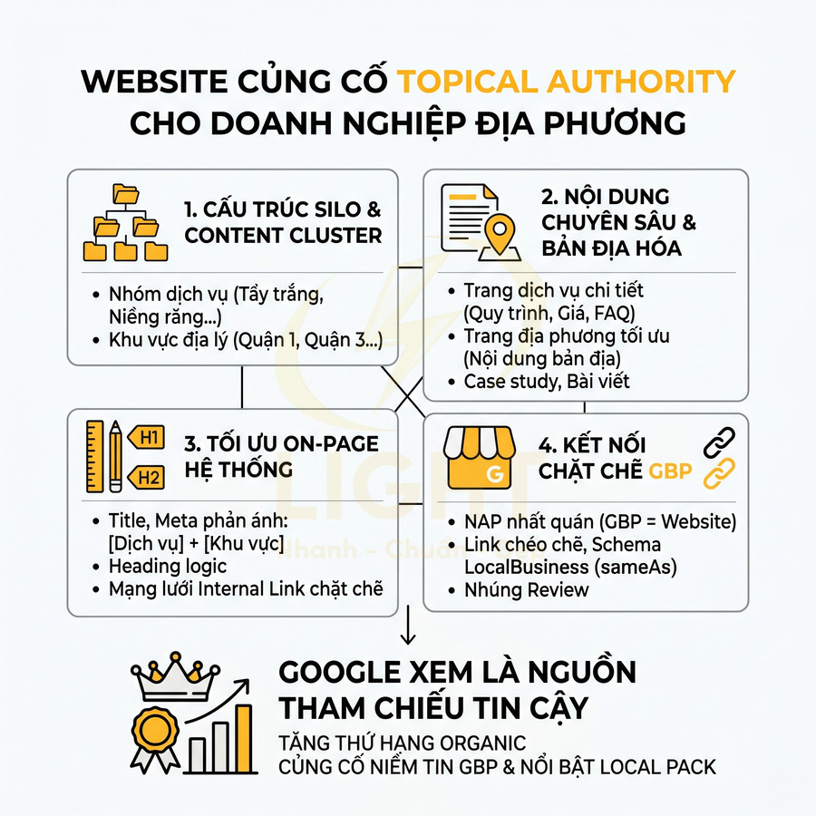 Infographic hướng dẫn xây dựng website củng cố topical authority cho doanh nghiệp địa phương trong SEO