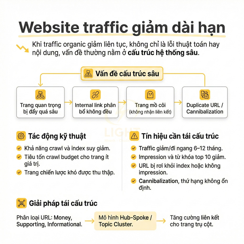 Infographic tiếng Việt về nguyên nhân website traffic giảm dài hạn và giải pháp tái cấu trúc SEO nội dung