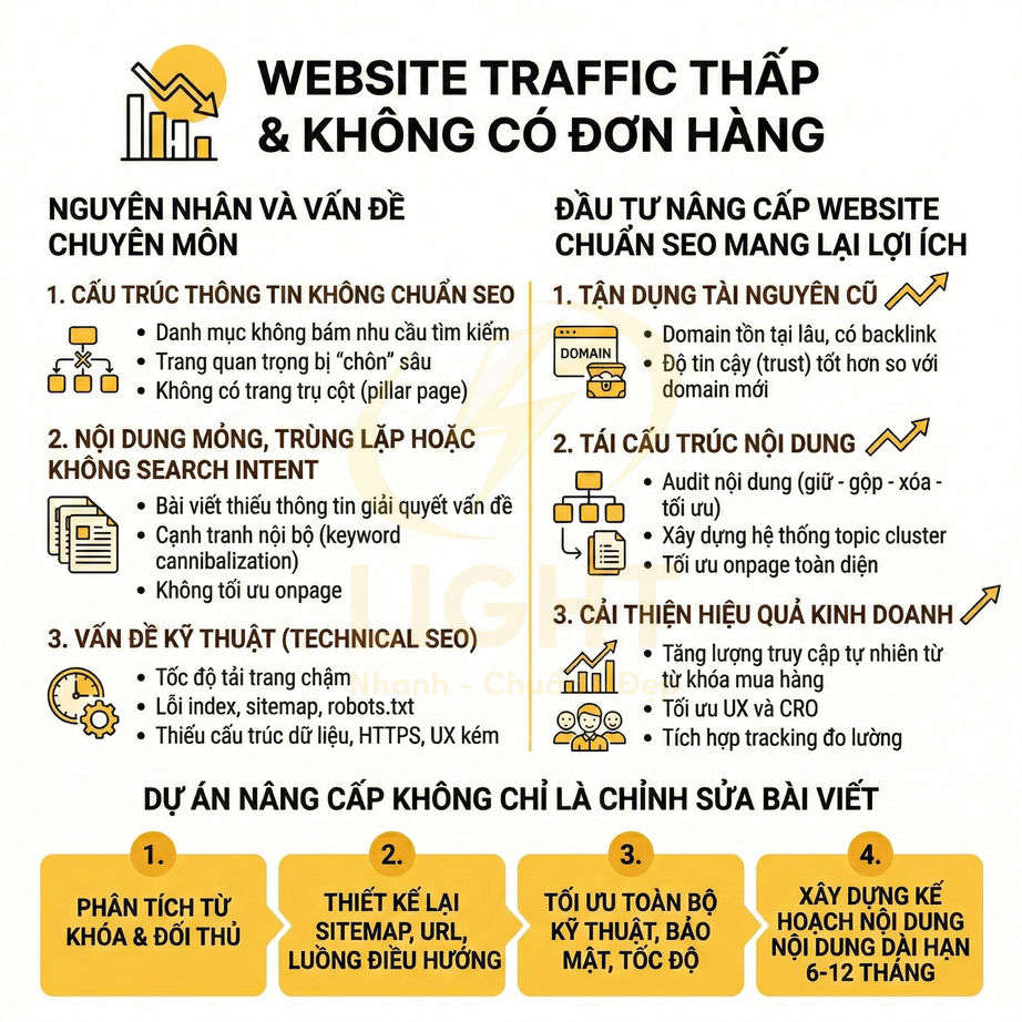 Infographic nguyên nhân website traffic thấp và giải pháp nâng cấp SEO, tối ưu cấu trúc, nội dung và kỹ thuật