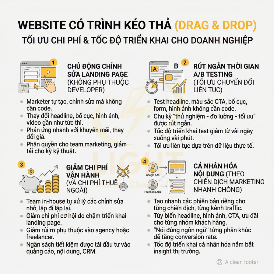 Infographic lợi ích website có trình kéo thả drag and drop tối ưu chi phí và tốc độ triển khai cho doanh nghiệp