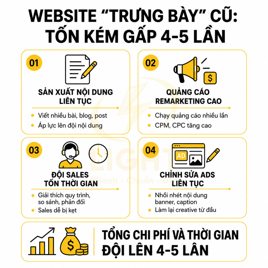 Mô tả website trưng bày cũ khiến chi phí marketing, sản xuất nội dung và chỉnh sửa quảng cáo tăng gấp 4 5 lần