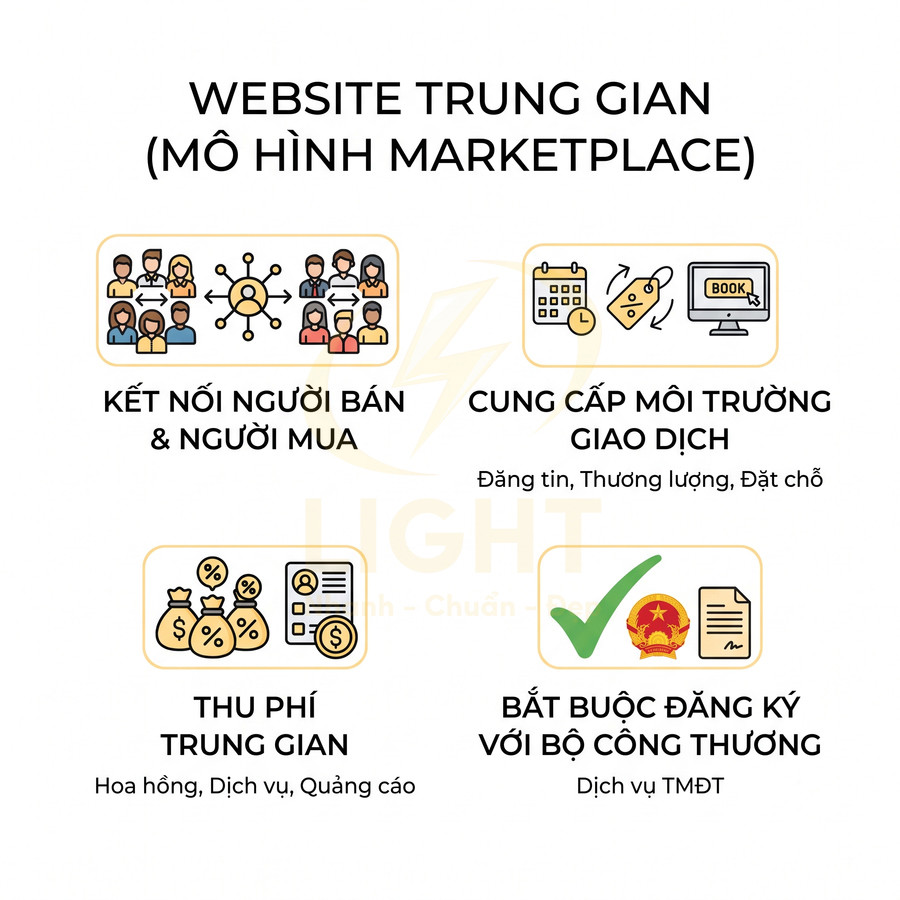 Mô hình website trung gian marketplace với các chức năng kết nối, giao dịch, thu phí và đăng ký Bộ Công Thương