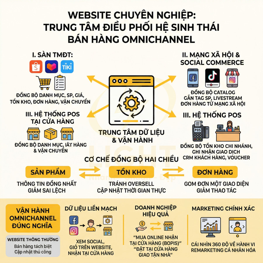 Mô hình website làm trung tâm điều phối dữ liệu sản phẩm, tồn kho, đơn hàng cho bán hàng omnichannel