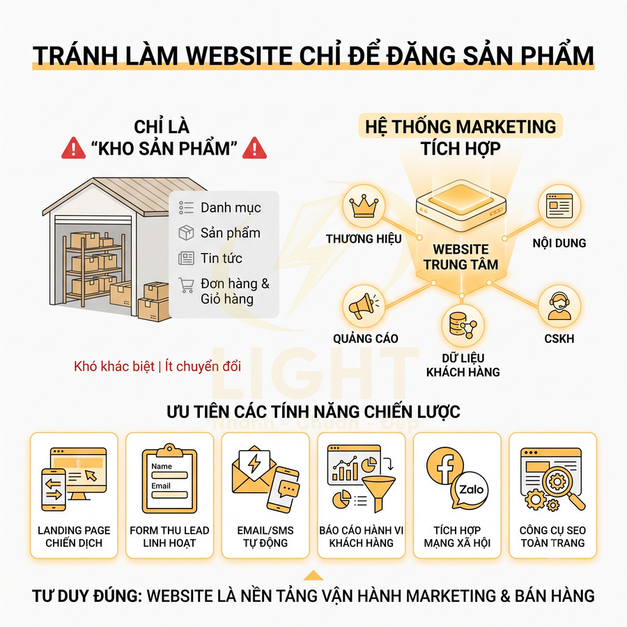 Infographic hướng dẫn xây dựng website tích hợp marketing thay vì chỉ đăng sản phẩm như kho hàng