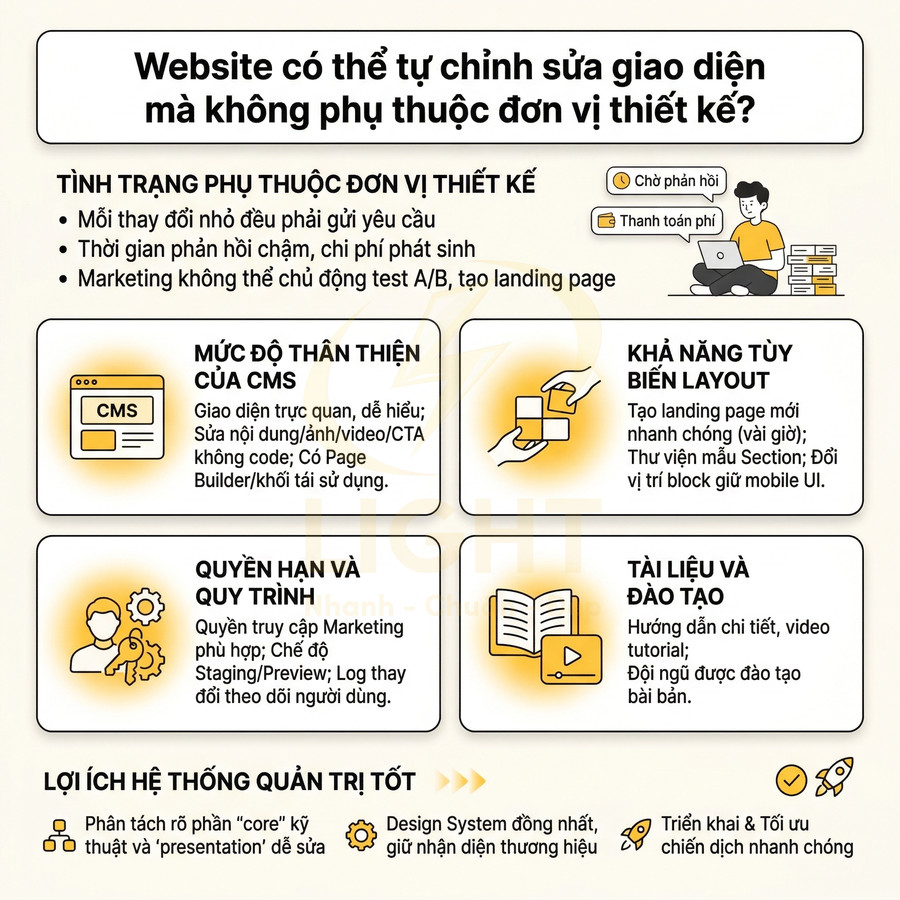 Infographic giới thiệu lợi ích hệ thống quản trị CMS giúp tự chỉnh sửa giao diện website, tối ưu layout và quy trình marketing