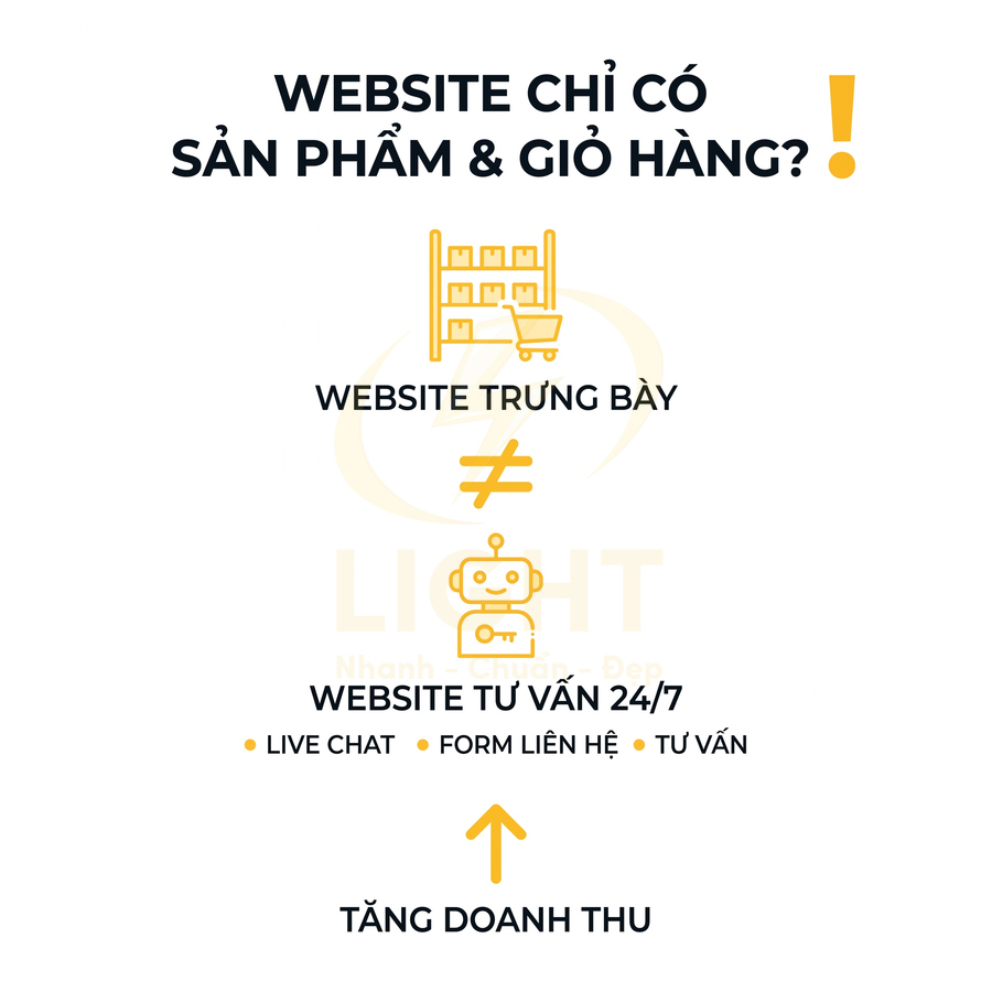 Thiết kế minh họa so sánh website trưng bày sản phẩm với website tư vấn 24/7 giúp tăng doanh thu