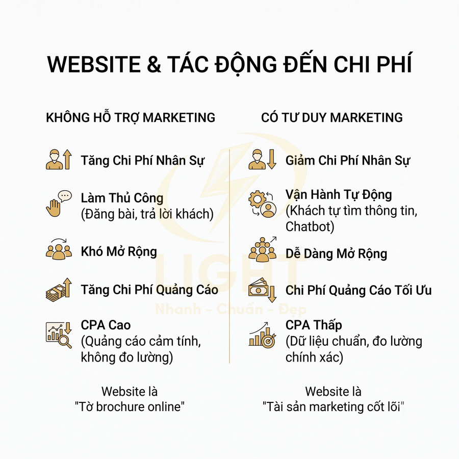 So sánh website không hỗ trợ marketing và website có tư duy marketing về tác động đến chi phí doanh nghiệp