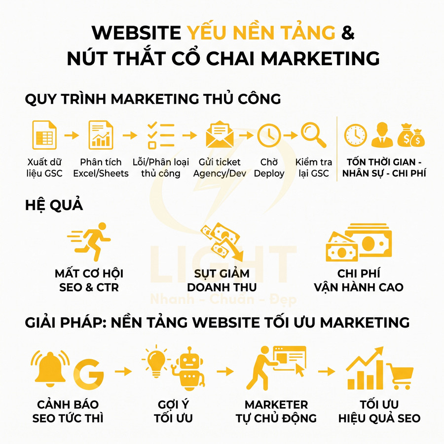 Infographic quy trình marketing thủ công và giải pháp nền tảng website tối ưu SEO và doanh thu
