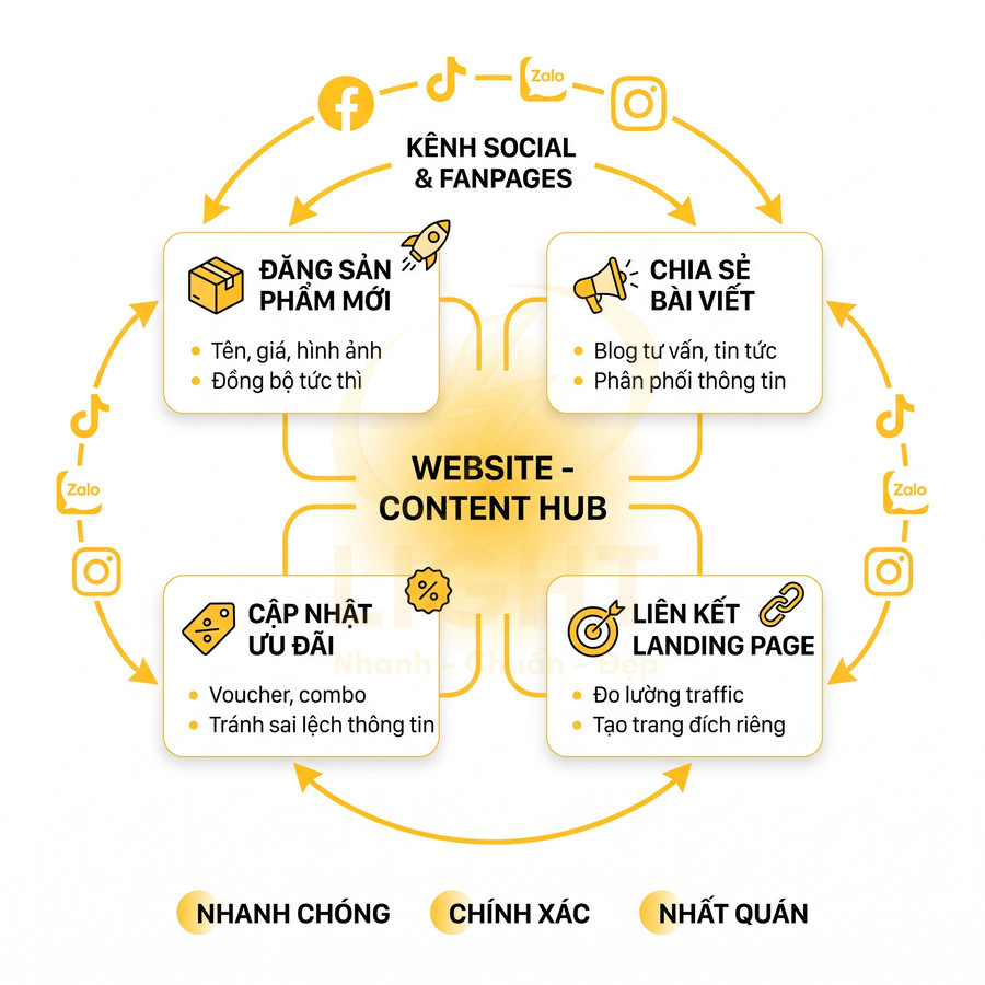 Mô hình website content hub kết nối đăng sản phẩm, chia sẻ bài viết, ưu đãi và landing page với các kênh social
