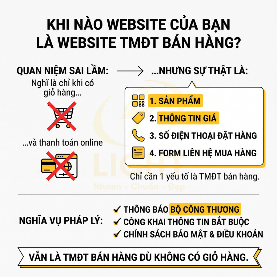 Hình minh họa giải thích khi nào website được xem là TMĐT bán hàng và các nghĩa vụ pháp lý kèm theo