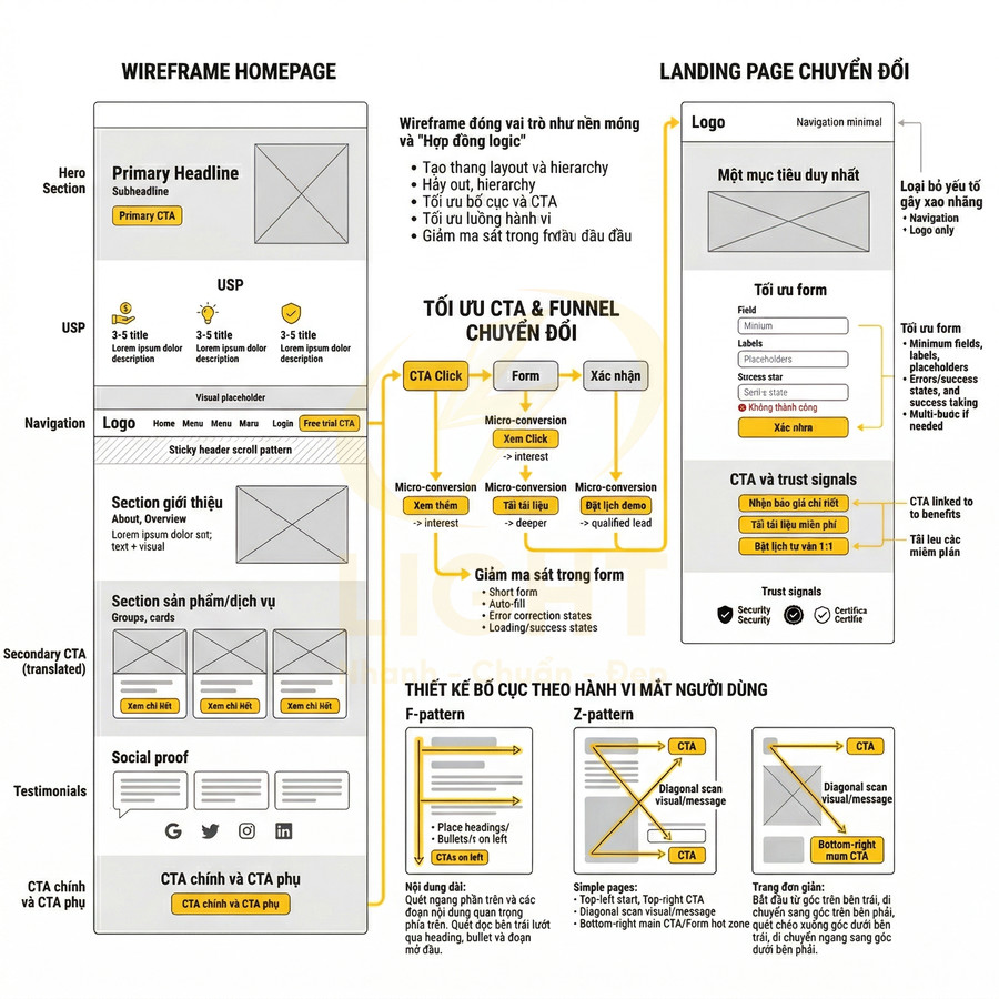 Wireframe homepage và landing page chuyển đổi với bố cục CTA, form và hướng dẫn tối ưu chuyển đổi
