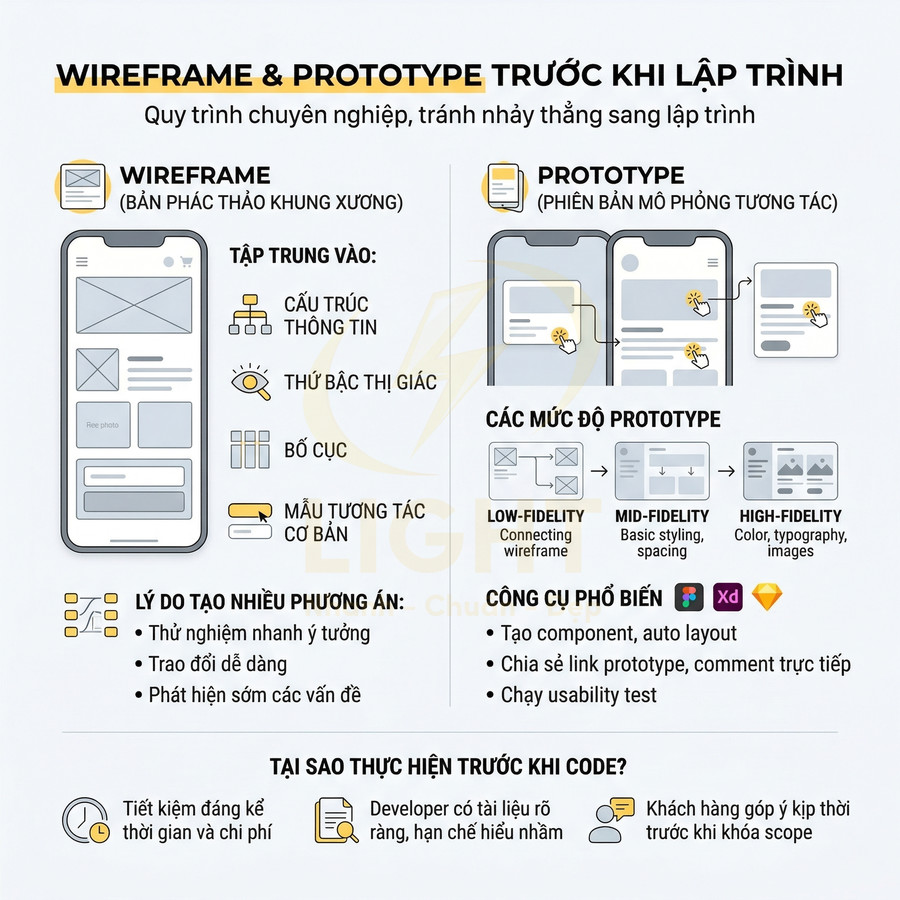 Infographic quy trình thiết kế wireframe và prototype UX UI với các mức độ và công cụ phổ biến như Figma, Adobe XD, Sketch