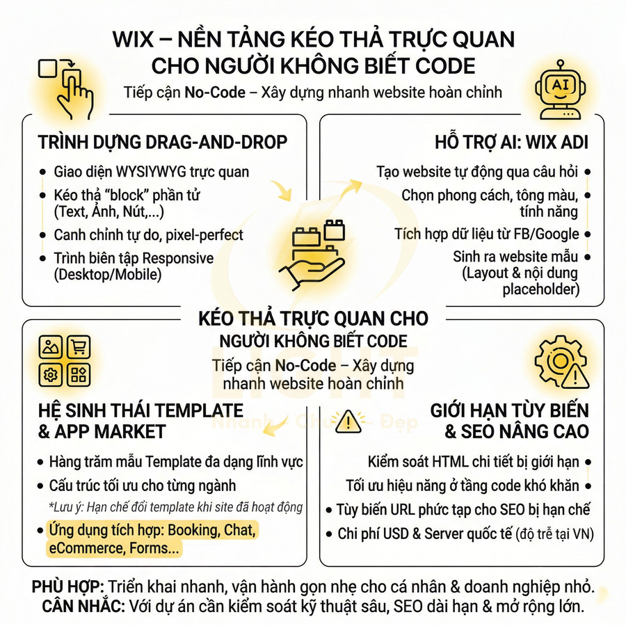 Infographic giới thiệu nền tảng tạo website kéo thả Wix cho người không biết code, nêu tính năng AI, template và giới hạn SEO