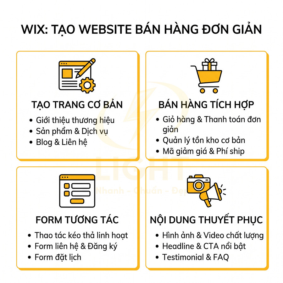Hướng dẫn Wix tạo website bán hàng đơn giản với trang cơ bản, bán hàng tích hợp, form tương tác và nội dung thuyết phục