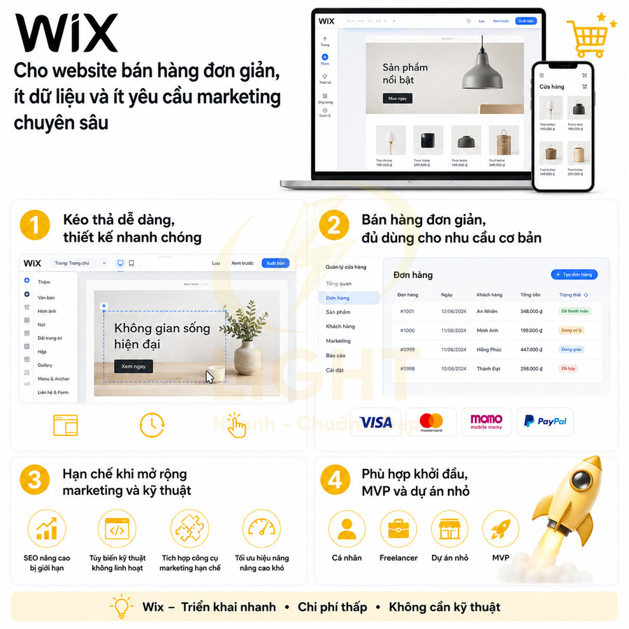 Giao diện Wix thiết kế website bán hàng kéo thả, quản lý đơn hàng và thanh toán online trên laptop và điện thoại