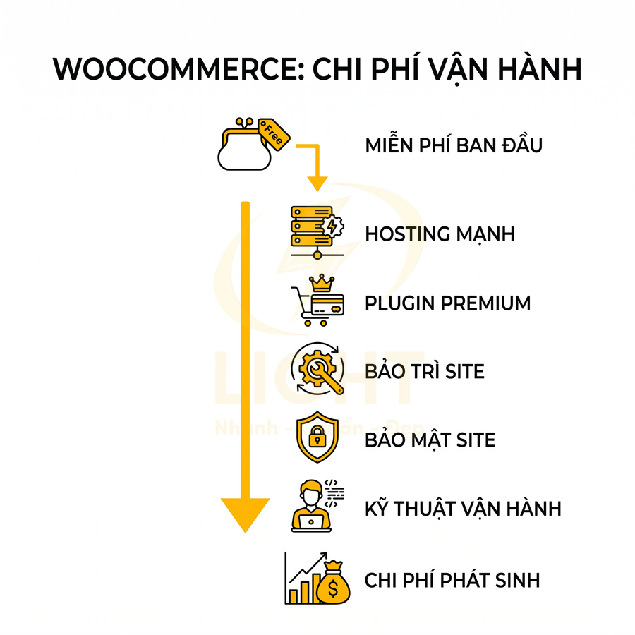Chi phí vận hành WooCommerce từ miễn phí ban đầu đến hosting mạnh, plugin premium, bảo trì, bảo mật và chi phí phát sinh