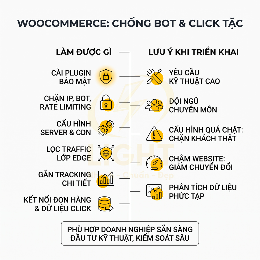 Giải pháp WooCommerce chống bot và click tặc, liệt kê tính năng bảo mật và lưu ý kỹ thuật khi triển khai