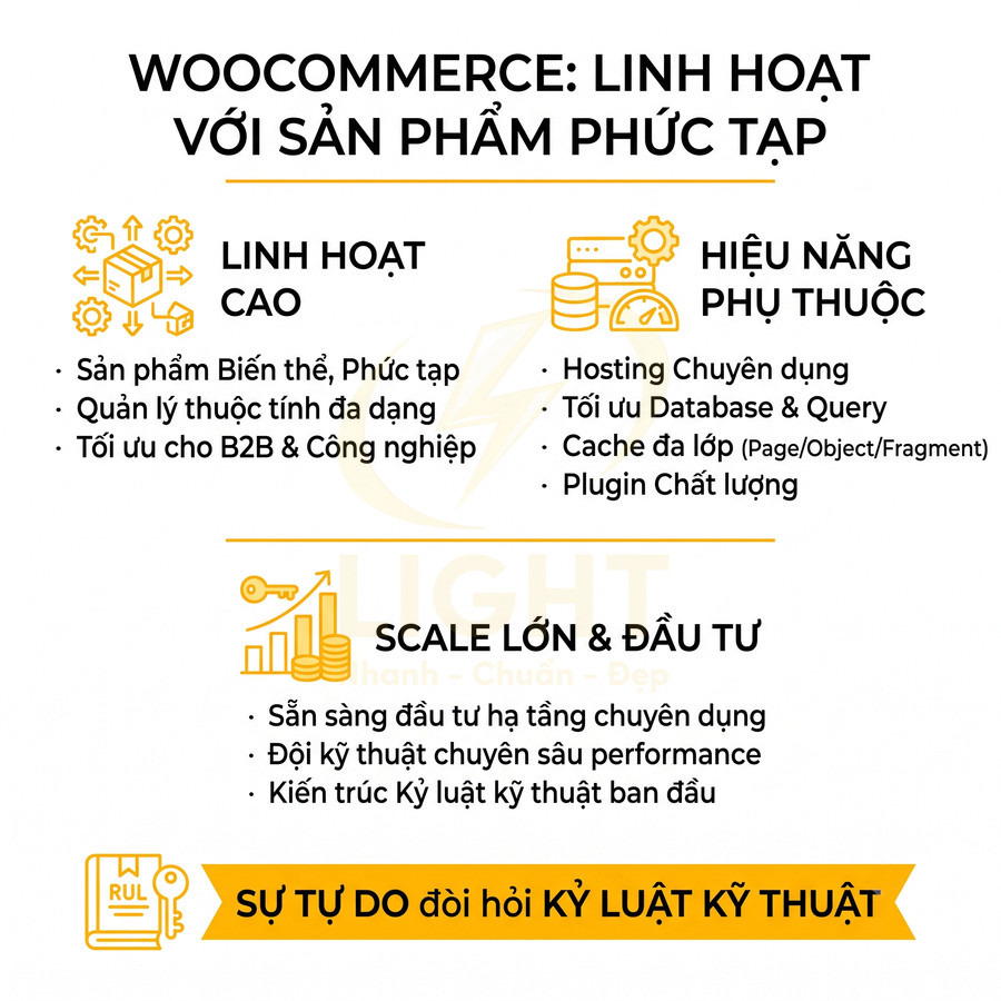 Woocommerce linh hoạt cho sản phẩm phức tạp, tối ưu hiệu năng, dễ scale lớn và đầu tư hạ tầng chuyên dụng