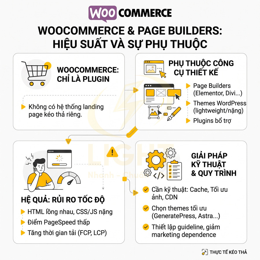 Infographic so sánh hiệu suất WooCommerce với page builder và gợi ý giải pháp kỹ thuật tối ưu tốc độ website WordPress