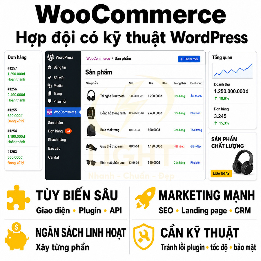 Giao diện quản lý bán hàng WooCommerce trên WordPress với danh sách sản phẩm và thống kê doanh thu