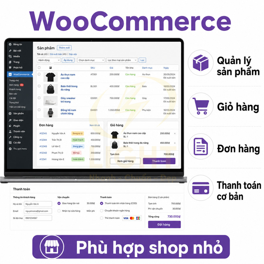 Giao diện quản lý bán hàng WooCommerce trên laptop với sản phẩm, giỏ hàng, đơn hàng và thanh toán cho shop nhỏ