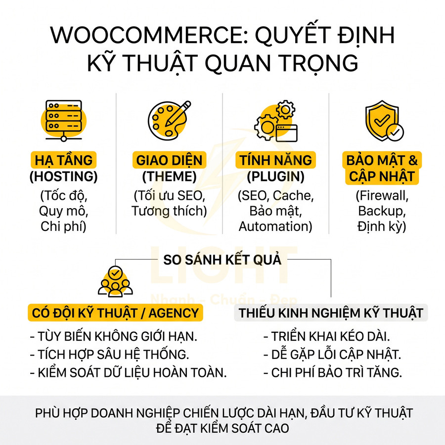 Infographic các quyết định kỹ thuật quan trọng trong WooCommerce về hosting, theme, plugin, bảo mật và so sánh có đội kỹ thuật