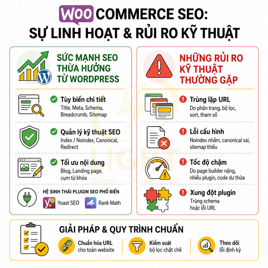 Infographic WooCommerce SEO trình bày ưu điểm SEO từ WordPress và các rủi ro kỹ thuật thường gặp cùng giải pháp tối ưu