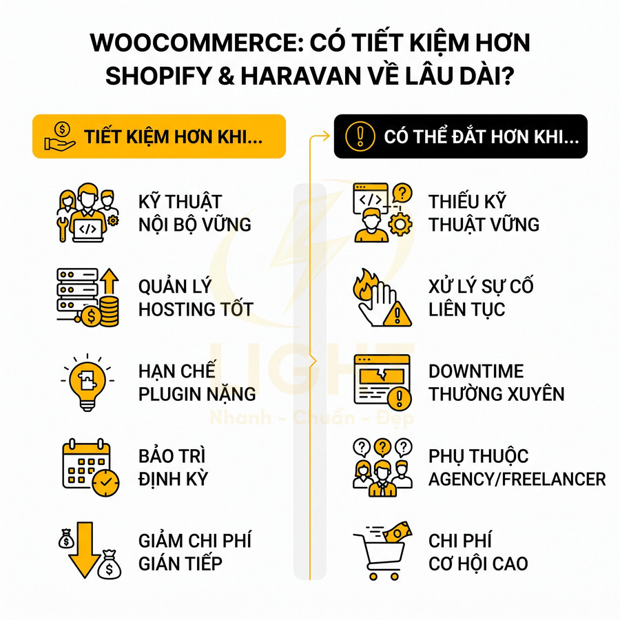 So sánh chi phí WooCommerce với Shopify và Haravan, nêu các trường hợp tiết kiệm và tốn kém về lâu dài