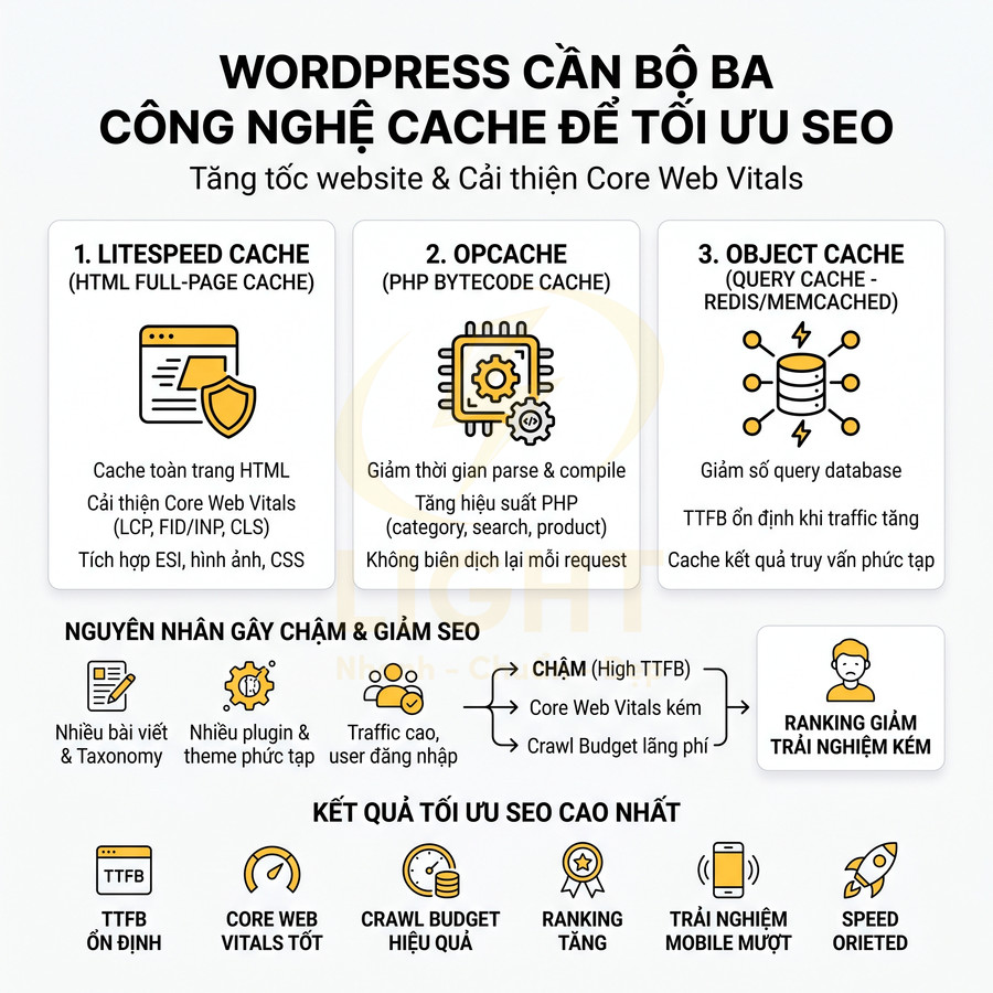 Infographic hướng dẫn tối ưu SEO WordPress với bộ ba công nghệ cache LiteSpeed Cache, OPcache và Object Cache