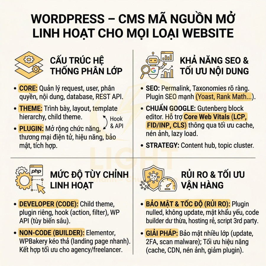 Infographic giới thiệu ưu điểm của WordPress về cấu trúc, tùy chỉnh, SEO, bảo mật và tối ưu hiệu suất website