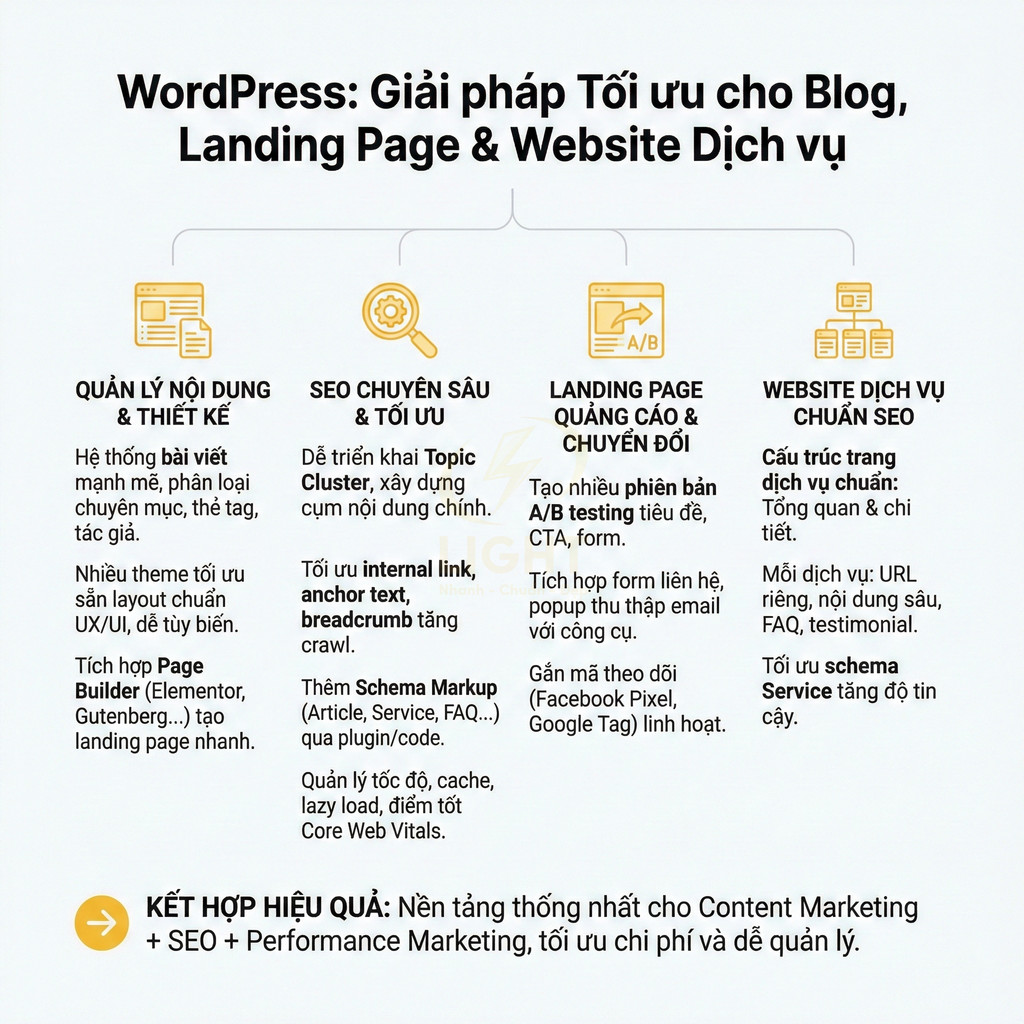 Infographic giới thiệu giải pháp WordPress tối ưu blog, landing page và website dịch vụ chuẩn SEO