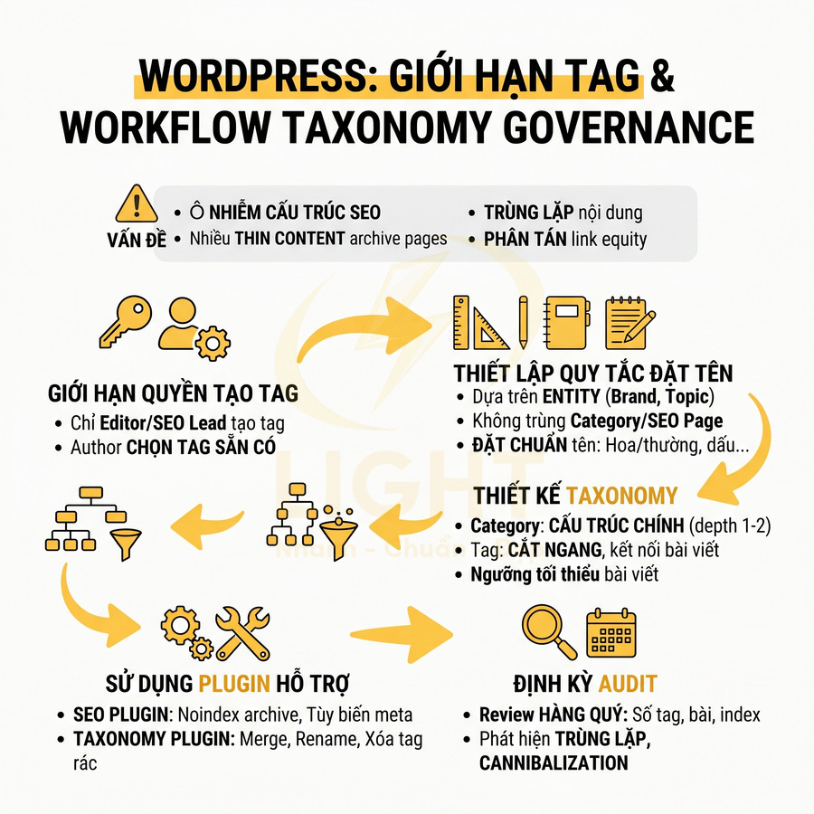 Hướng dẫn tối ưu SEO WordPress với giới hạn tag, thiết kế taxonomy và quy trình audit taxonomy