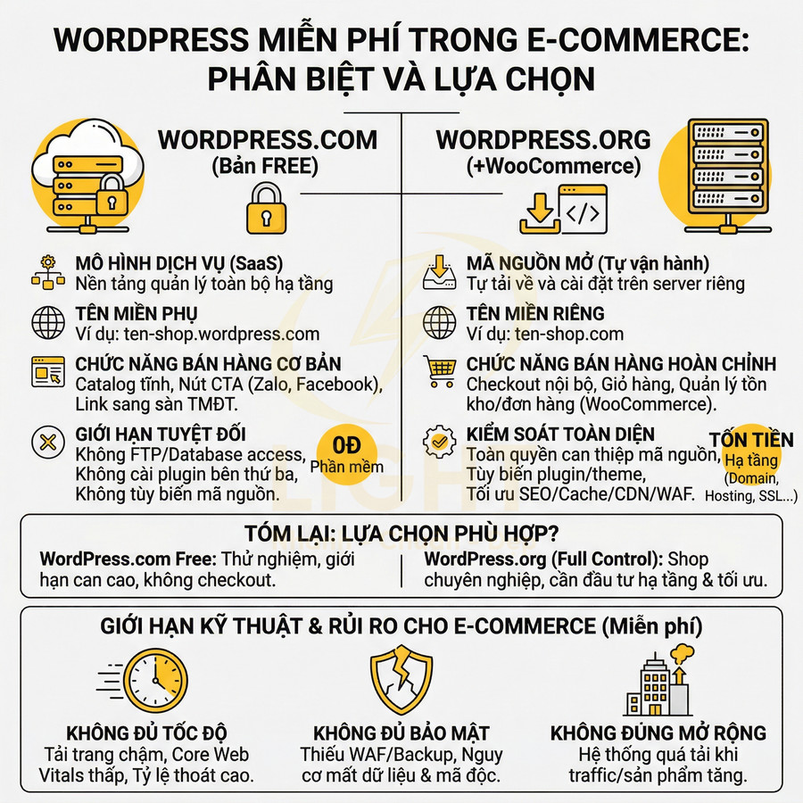 So sánh WordPress.com và WordPress.org WooCommerce cho website bán hàng, nêu ưu nhược điểm và giới hạn kỹ thuật